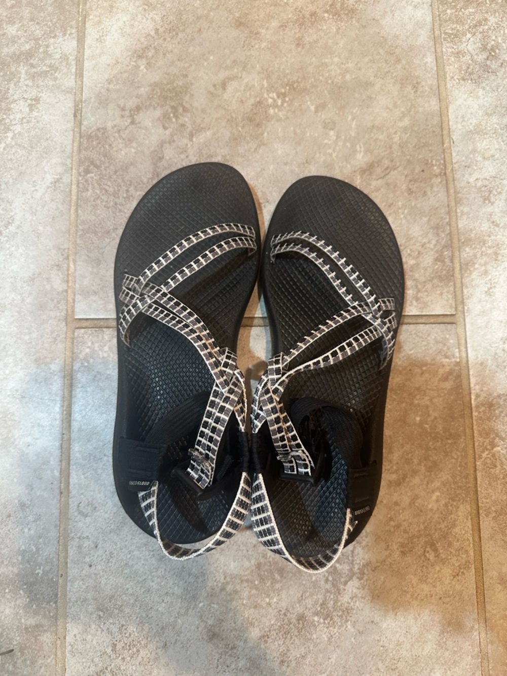Women’s Chaco Black Sandals with White Grid Straps- Size 10